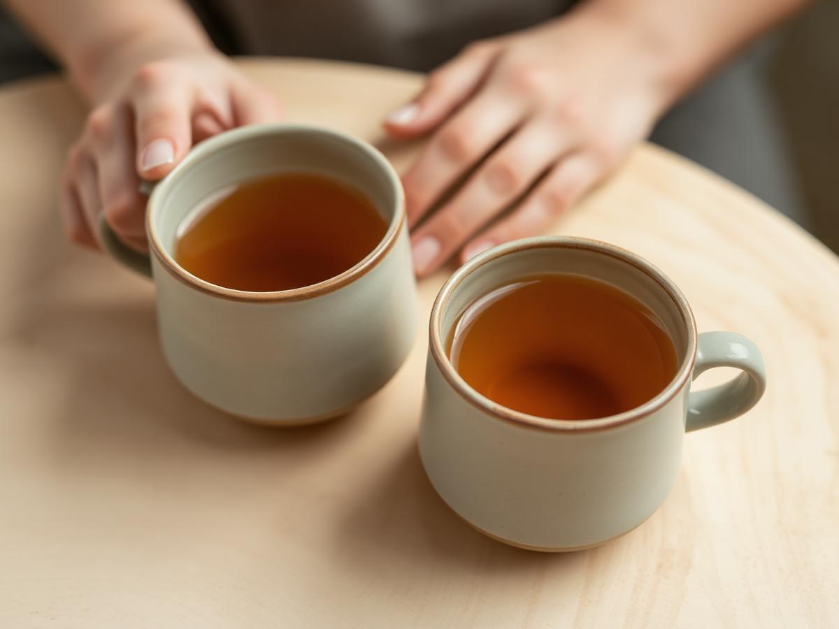 Two ceramic cups of tea on a wooden table